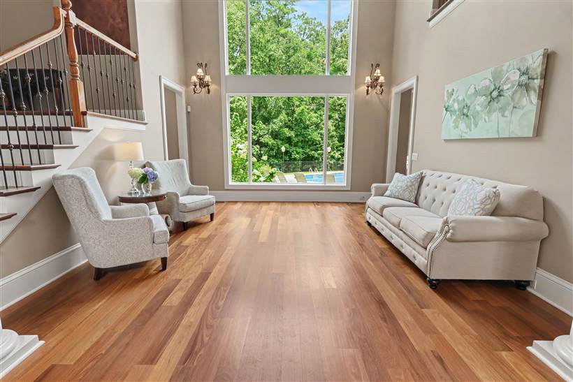 Two-story great room with wall of windows
