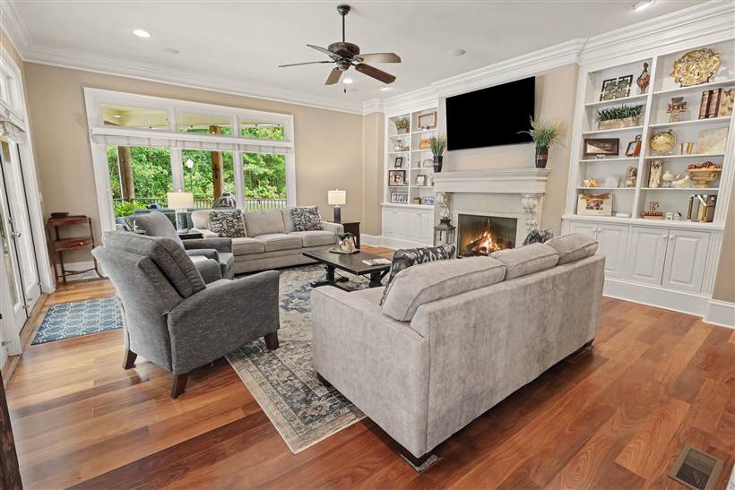 Family room with fireplace and built-ins
