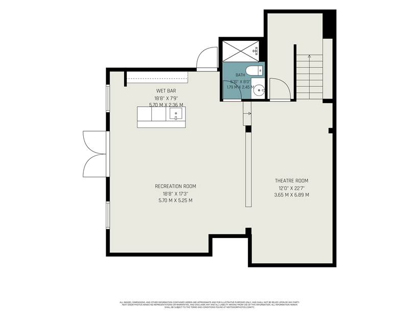 Floor plan showing theatre room, wet bar, recreation room and bath